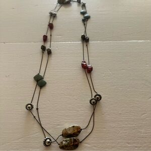 Layered Multi-Stone Necklace with Olive Green and Amber Beads